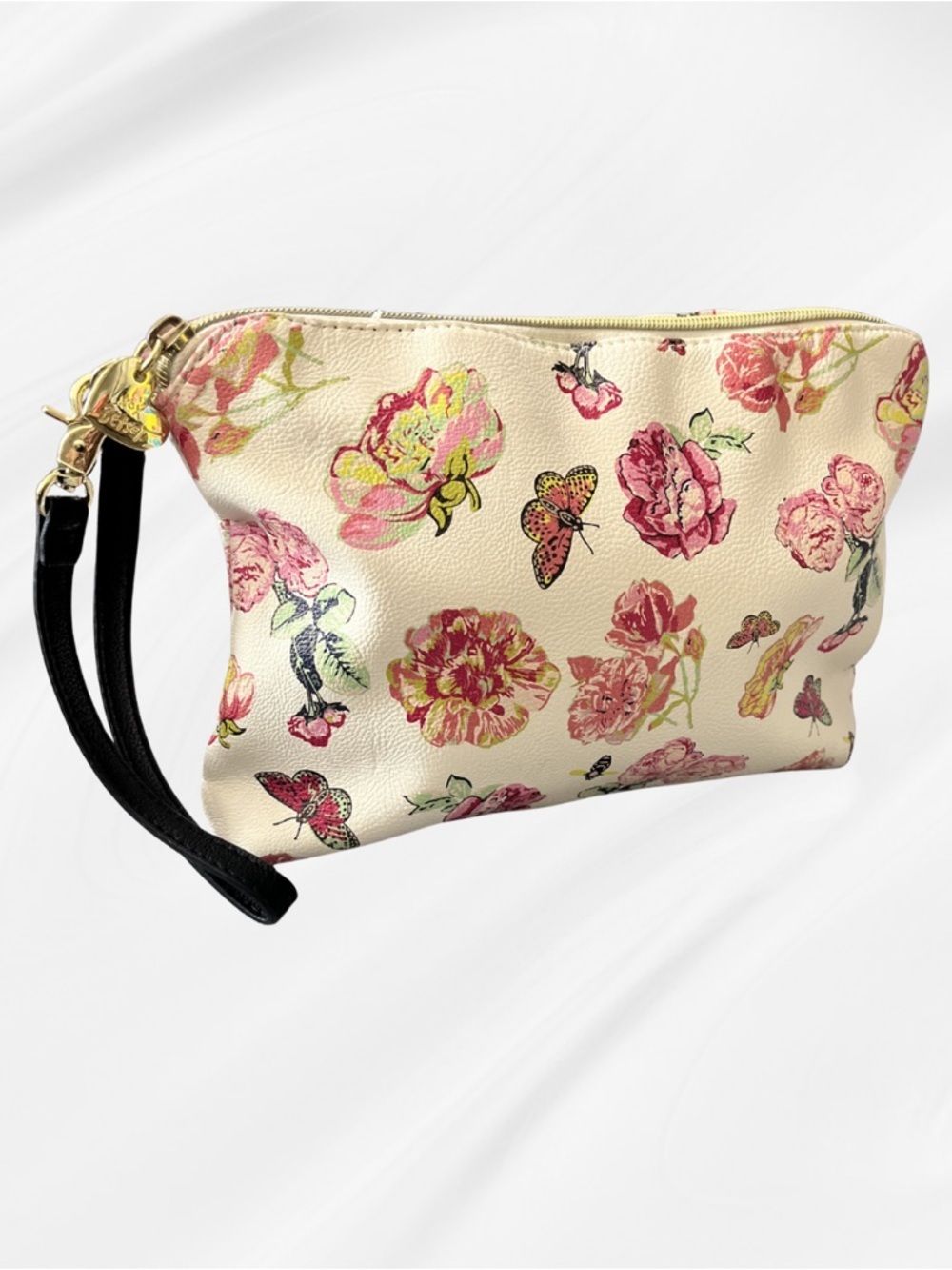 Betsey Johnson Cream Floral Wristlet Clutch with Black Strap